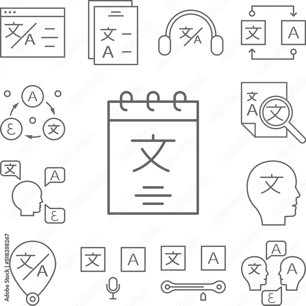 Poster notes, translator icon in a collection with other items
