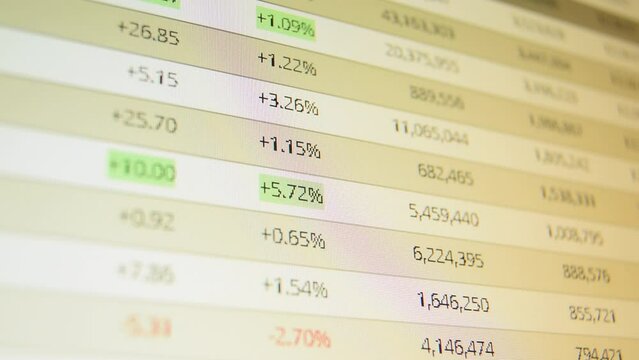Stock market numbers changing on computer screen. Percents pluses and minuses strong bokeh low depth of field pixels visible. Camera steady .