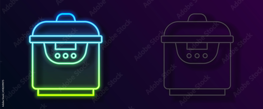 Poster Glowing neon line Slow cooker icon isolated on black background. Electric pan. Vector