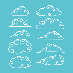 cute traditional chinese or japanese cartoony curly cloud outline illustration collection set