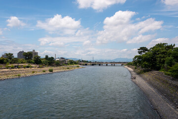 Fototapeta na wymiar View around Asagiri bridge over Uji river in Uji, Kyoto, Japan