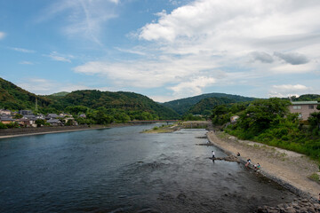 View of Uji bridge over Uji river in Uji, Kyoto, Japan