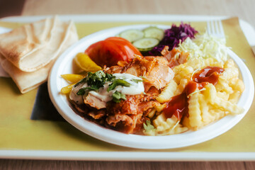 Fast Food Main Course on a Disposable Plate with Flat Bred 