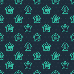 Green line House icon isolated seamless pattern on blue background. Insurance concept. Security, safety, protection, protect concept. Vector
