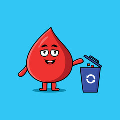 Cute cartoon blood drop throwing trash in the trash in flat modern style design 