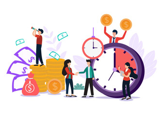 Flat illustration. Business people cooperation concept. Targeted work at the allotted time Professional teamwork of people in the organization.