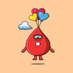 Cute cartoon Blood drop mascot is skydiving with balloon and happy gesture cute modern style design 