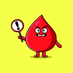 Cute cartoon illustration blood drop with exclamation sign board 