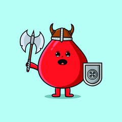 Cute cartoon character Blood drop viking pirate with hat and holding ax and shield 