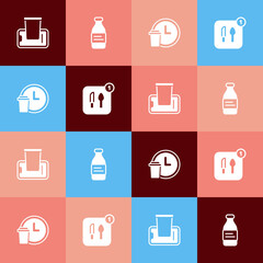 Set pop art Food ordering on mobile, Bottle of water, Round the clock delivery and icon. Vector
