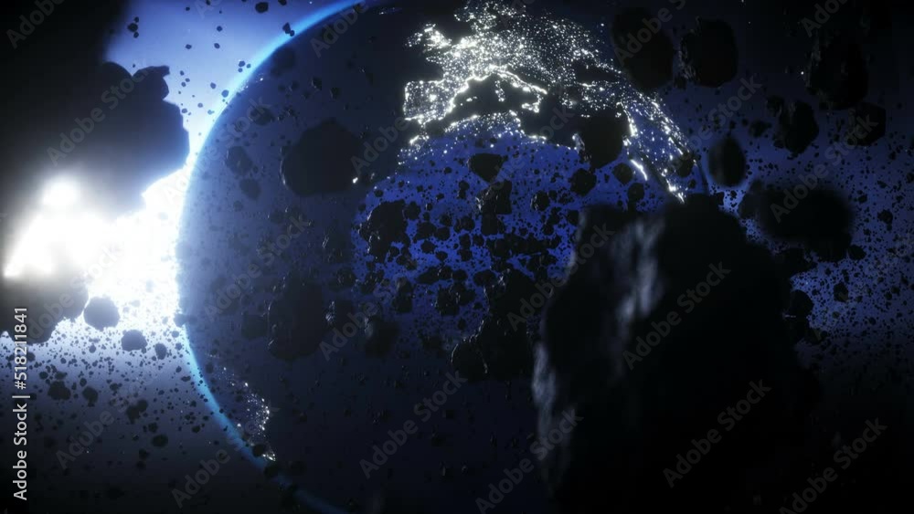 Poster asteroid in outer space. earth planet. realistic 4k animation.