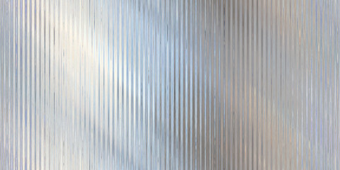Seamless iridescent silver holographic chrome foil vaporwave background texture pattern. Trendy pearlescent pastel rainbow prism effect. Corrugated ribbed privacy glass refraction 3D rendering.. - 518212234