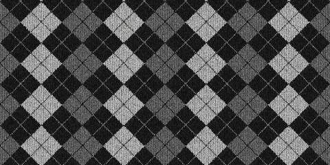 Seamless diamond argyle wool knit fabric background texture. Tileable black and white monochrome greyscale knitted sweater, scarf or cozy winter socks pattern. Woolen crochet textile 3D rendering..