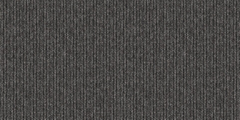 Seamless mottled dark grey wool knit fabric background texture. Tileable monochrome greyscale knitted sweater, scarf or cozy winter socks pattern. Realistic woolen crochet textile craft 3D rendering.