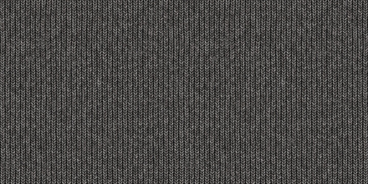 Seamless mottled dark grey wool knit fabric background texture. Tileable monochrome greyscale knitted sweater, scarf or cozy winter socks pattern. Realistic woolen crochet textile craft 3D rendering.