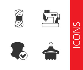 Set Hanger wardrobe, Yarn, Leather and Sewing machine icon. Vector