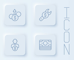 Set line Financial growth dollar, Repair price, Business investor and Stacks paper money cash. White square button. Vector