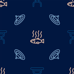 Fototapeta na wymiar Set line Camping folding chair, Fishing float water and Dead fish on seamless pattern. Vector