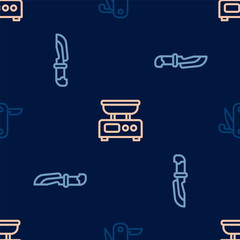 Set line Swiss army knife, Knife and Electronic scales on seamless pattern. Vector