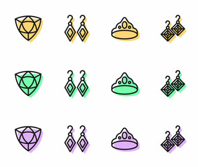 Set line King crown, Diamond, Earrings and icon. Vector