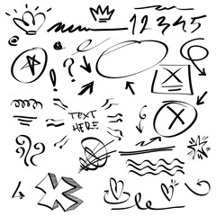 Doodle elements for concept design on set. isolated on white background. Infographic elements. Emphasis, curly swishes, swoops, swirl, arrow, heart, crown, star. vector illustration.