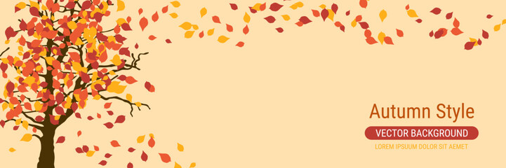 Naklejka na ściany i meble Autumn cartoon style vector banner template. Yellow background with colorful tree leaves and trees