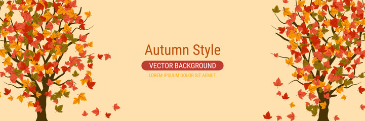 Autumn cartoon style vector banner template. Yellow background with colorful tree leaves and trees