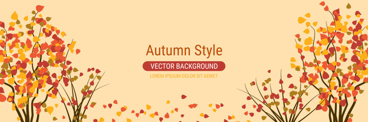 Autumn cartoon style vector banner template. Yellow background with colorful tree leaves