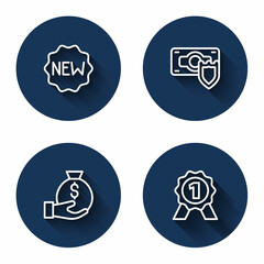 Set line Price tag with New, Money shield, bag and Medal with long shadow. Blue circle button. Vector