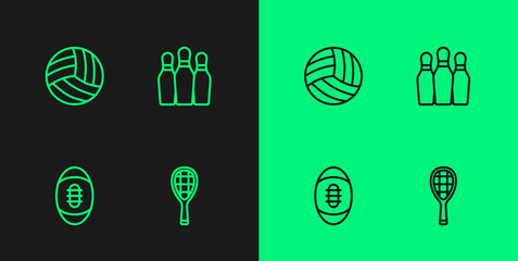 Set line Tennis racket, American Football ball, Volleyball and Bowling pin icon. Vector