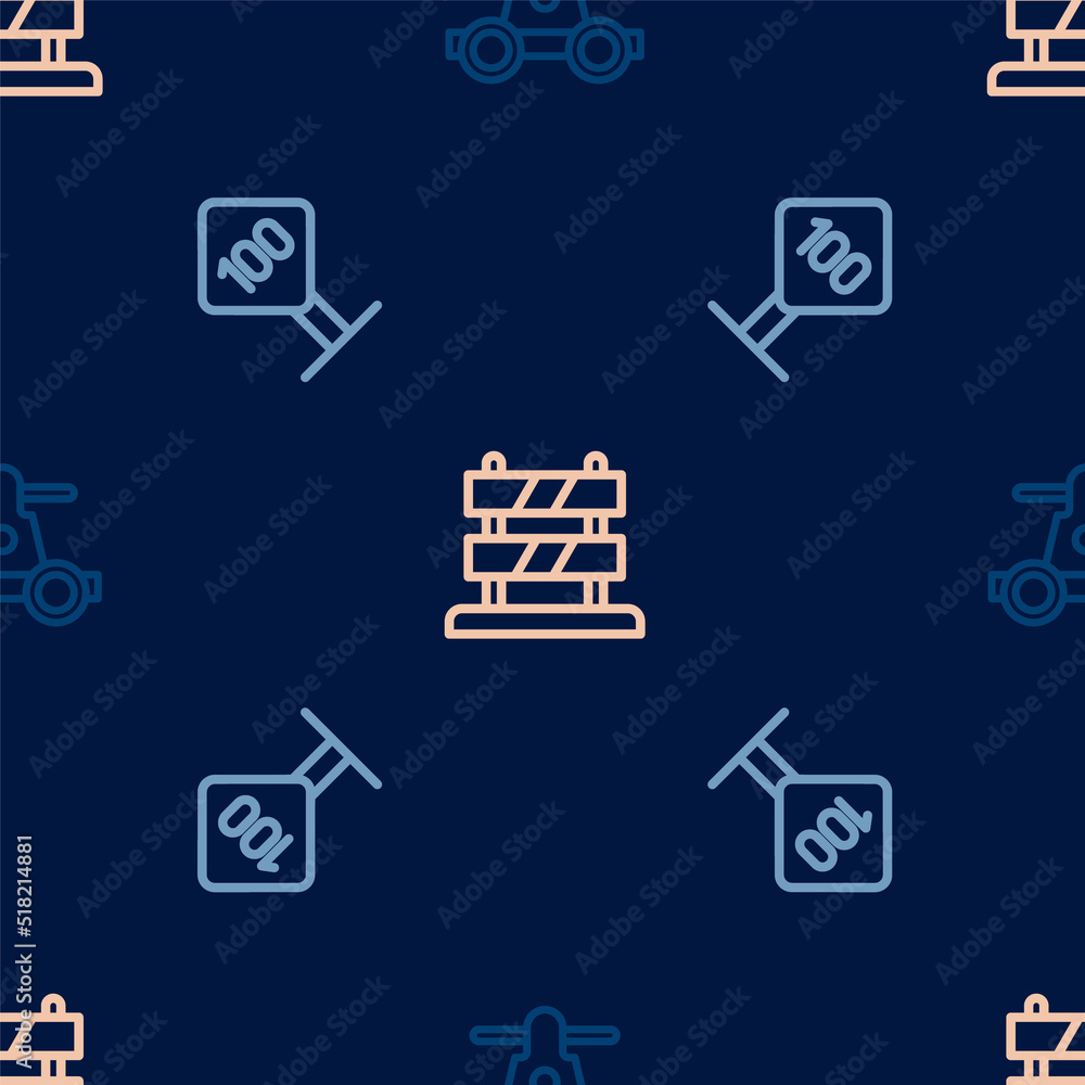 Poster set line handcar transportation, speed limit traffic sign 100 km and end of railway tracks on seamle