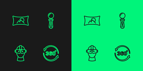 Set line 360 degree view, Virtual reality glasses, Wide angle picture and VR controller game icon. Vector