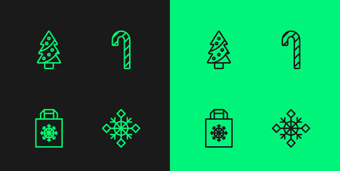 Fototapeta na wymiar Set line Snowflake, Christmas shopping bag, tree and Candy cane with stripes icon. Vector