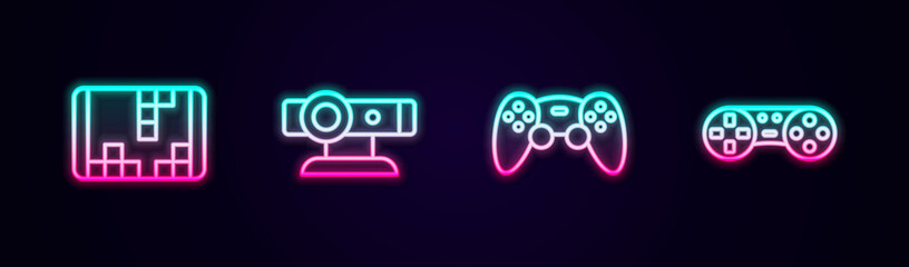 Set line Portable video game console, Web camera, Game controller joystick and . Glowing neon icon. Vector © Iryna