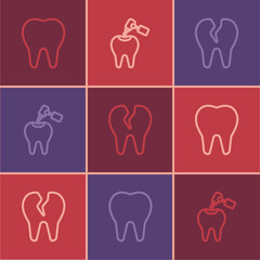 Set line Tooth, Broken tooth and with caries and drill icon. Vector