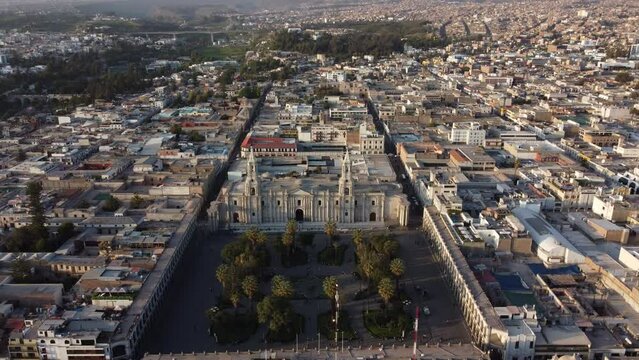 Aerial view of the Cathedral of Arequipa in the city of Arequipa, Peru