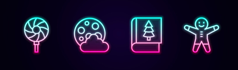 Set line Lollipop, Christmas night, book and Holiday gingerbread man cookie. Glowing neon icon. Vector