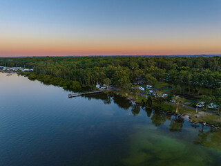 Sunrise over the river and holiday park