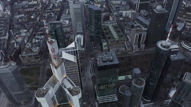 Commerzbank Tower and Main Tower modern high rise buildings in city financial centre. High angle view. Frankfurt am Main, Germany