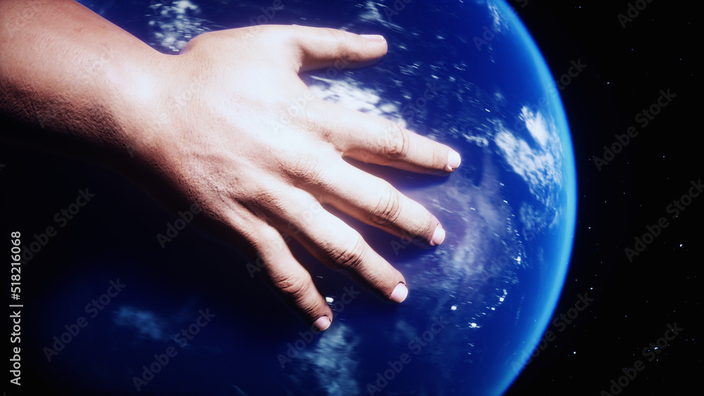 Wall mural the earth planet in hands. outer space. 3d rendering.