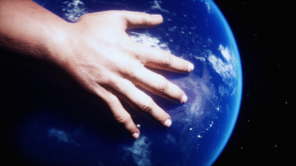 Naklejka na ściany i meble The earth planet in hands. Outer space. 3d rendering.