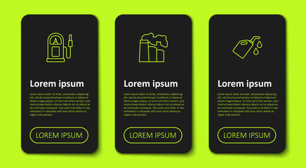 Set line Petrol or gas station, Oil and industrial factory and Canister for motor machine oil. Business infographic template. Vector