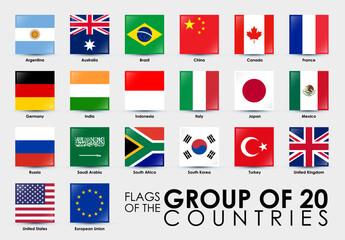 Flags of the G20 Countries Vector illustration. Square shaped flags