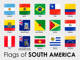 Set of South America flags. Simple square-shaped flags on gray background.