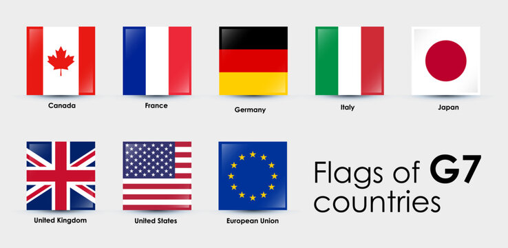 G7 Summit Flags Isolated Icons. Group Of Seven Vector Flags Symbol. Set Of Square Flags Design