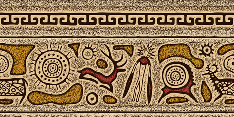 Fototapeta na wymiar Ethnic border on the theme of rock paintings, vector design. Seamless pattern, banner.