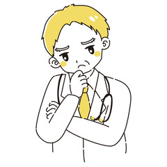 考え事をしている白衣を着たシニア男性のイラスト（聴診器付き）