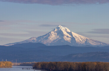 Snowcapped Mt Hood with the Columbia River and forest between Vancouver, Washington and Portland, Oregon