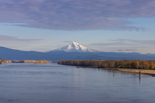 Wide view of snowcapped Mt Hood with the Columbia River and forest between Vancouver, Washington and Portland, Oregon