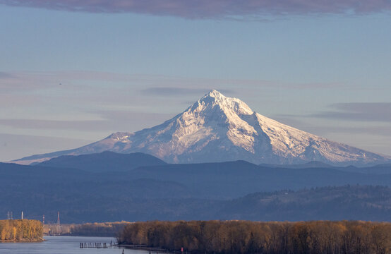 Snowcapped Mt Hood with the Columbia River and forest between Vancouver, Washington and Portland, Oregon